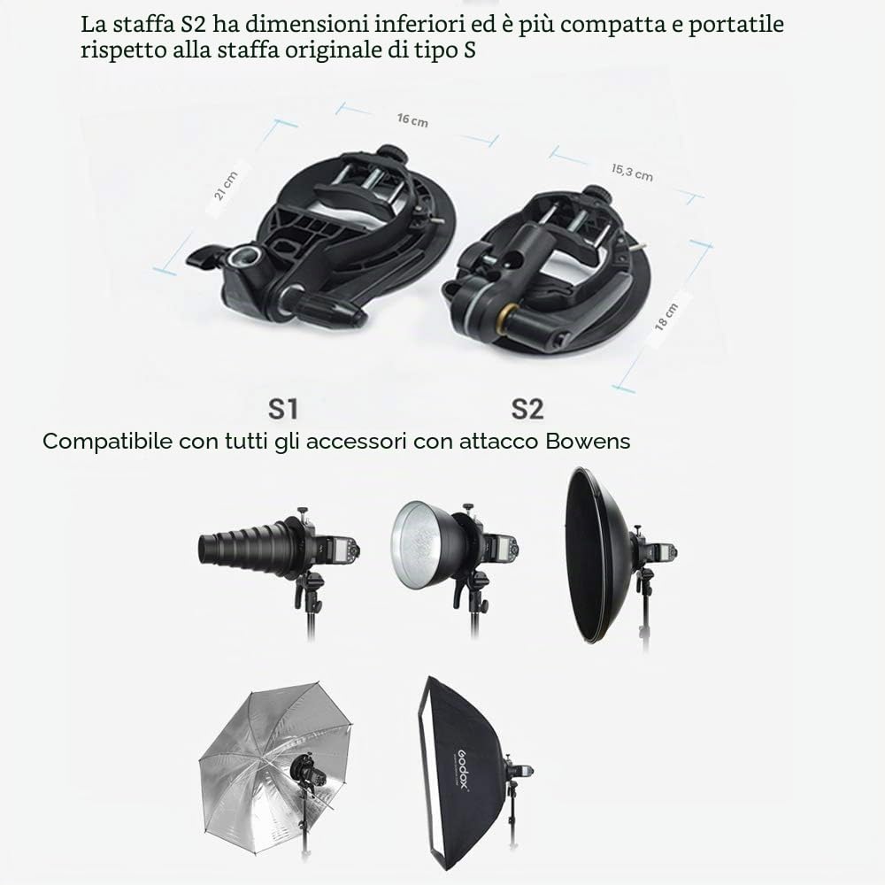 Godox S2 Bracket Supporto Bowens, compatibile con flash Godox V100 AD200 Pro II V1 Pro RS60R AD100 Pro RS60BI TT600, Funziona anche con Flash Sony Canon Nikon Fujifilm