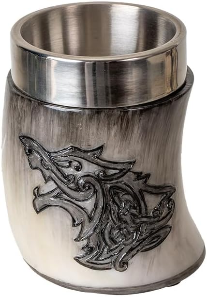 Pacific Giftware Medieval Viking Wolf Shot Glass with Removable Stainless Steel Insert, Carved Nordic Design, Gray Ombre Resin, Norse Mythology Decor, Collectible Drinkware 3”H