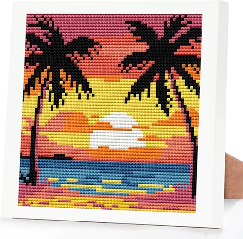 Image of Tiwabb Beach Scenery Cross Stitch Kits for Adults Beginners,Stamped Cross Stitch Kits with Framed,Embroidery Kit for Beginners,Full 11CT Cross-Stitch Arts and Crafts for Adults 7x7inch