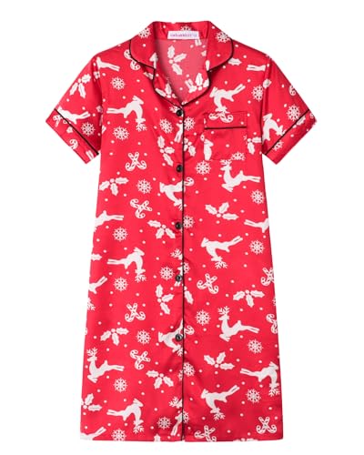 UNICABBIT21 Red Christmas Reindeer Girls Satin Nightgowns Silky Short Sleeve Button Down Nightshirt Dress Size 14