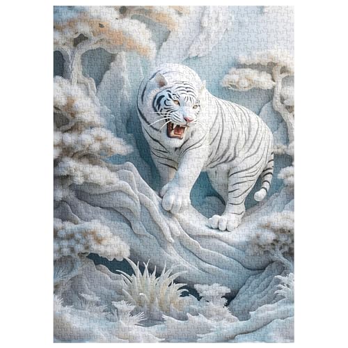 White Tiger Puzzles 1000 Piezas para Adultos, Rompecabezas de Animales Salvajes de Bosque Natural, Rompecabezas de Papel de Tigre Nevado como Arte de Pared para el Hogar miniatura 2