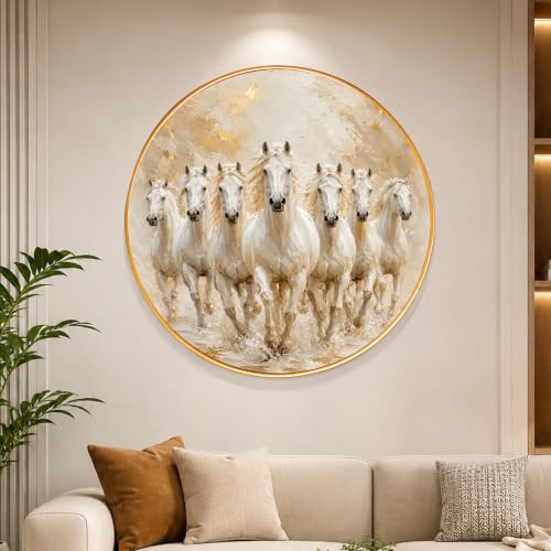 Image of PAINTINGMANTRA 7 Running White Horses Wall Art Painting with Frame for Living Room, Vastu Seven Horse Round Framed Painting for Home Office Bedroom, 23 Inch