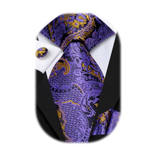 Image of Hi-Tie Paisley Floral Ties Set for Men Silk Mens Stripes Necktie Pocket Square Cufflinks Set Formal Business