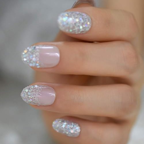EchiQ - Uñas postizas holográficas plateadas con purpurina, estilo corto, uso diario, color rosa piel, para mujer, uñas postizas ovaladas