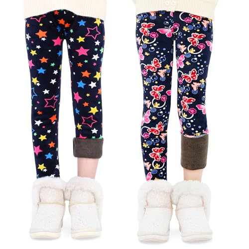 FILOWA Leggings Térmicos para Niña 2-Pack Forro Polar Pantalones Infantiles Mariposas Estampado Negro Largos Calentitos Mallas Cálido Stretch Legging Otoño Invierno Alta Elásticos Malla para 8-9 Anos