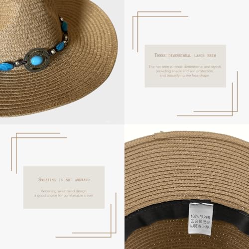 Image of Western Straw Cowboy Hats Cowgirl Hat for Holiday Woven Beach Sun Hat with Shapeable Wide Brim Cowboy Hat for Women's /Men's