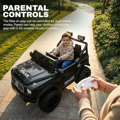 Image of Baybee Benzie Pro Police Edition Battery Operated Jeep for Kids | Baby Ride on Electric Car with Parental Control, RGB Lights & Music | Rechargeable Battery Car for Kids 2 to 6 Years (Black)