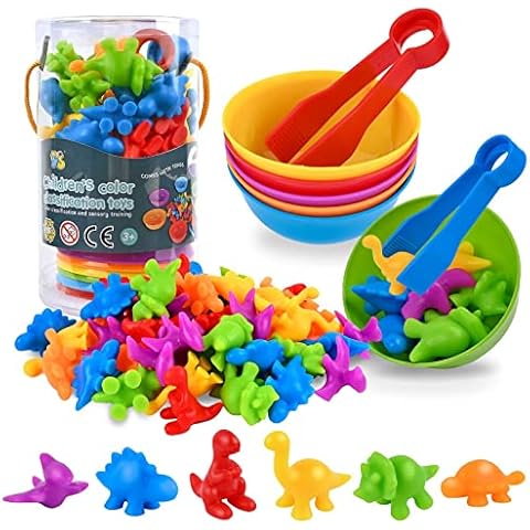 FLMRIOY Counting Dinosaurs Toy Matching Games, 56 Pcs Color Sorting Toys with Bowls Preschool Learning Math Activities for 3-6 Kids Toddlers Gift Cover