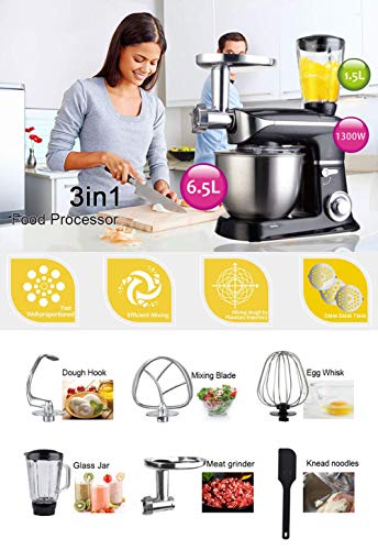 Lebensmittelmixer, 3-in-1-Standmixer, Fleischmixer und Entsafter mit 6,5 l Edelstahlschüssel, Teighaken, Schneebesen… – Bild 3