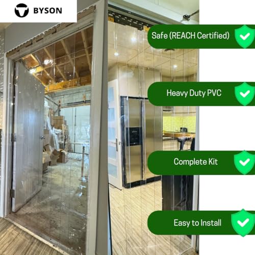 Image of Byson PVC Strip Curtain Door Kit 8 x 8 Feet (2.4 x 2.4 Meters) Coldroom Warehouse Catering Vinyl Ribbed Plastic Curtain Kit with 16 Strips (2mm Thick and 200mm Wide)