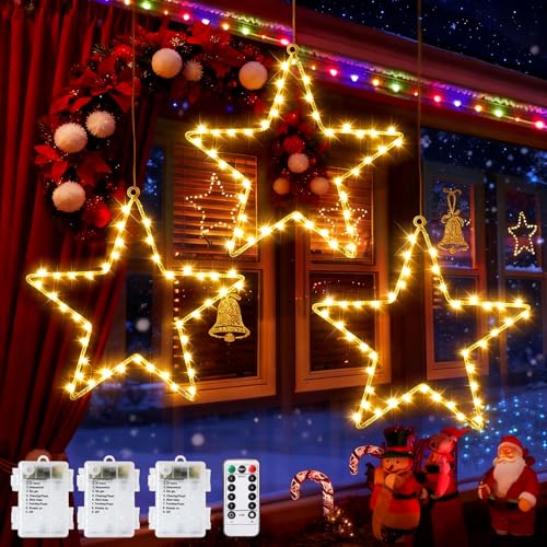 ZQEJEFD 3 luci a LED a forma di stella, per finestre, 45 LED, luci a stella di Natale, a batteria, con 8 modalità e timer, per Natale, per interni ed esterni