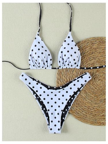 WDIRARA Women's Polka Dots Triangle Halter Swimsuit High Cut Bikini Set 2 Piece Bathing Suit3