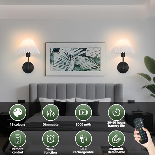 Image of Battery Operated Wall Sconces Set of 2,Black Rechargeable Wall Lights with Remote,Dimmable Wall Lamp with Pleated Shades,15 Colors Wireless Bathroom Vanity Wall Light for Bedroom Living Room Hallway