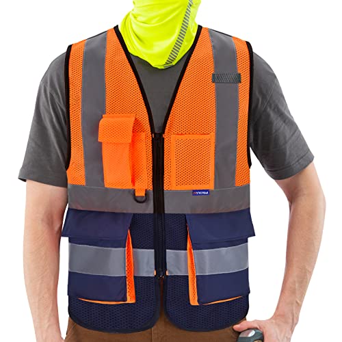 Image of High Visibility Mesh Vest with Breathable, Zipper, Orange /Navy, L | Orange /Navy L mesh vest with 7 pockets, reinforced zipper pockets and black front zipper for road work; unisex workwear.