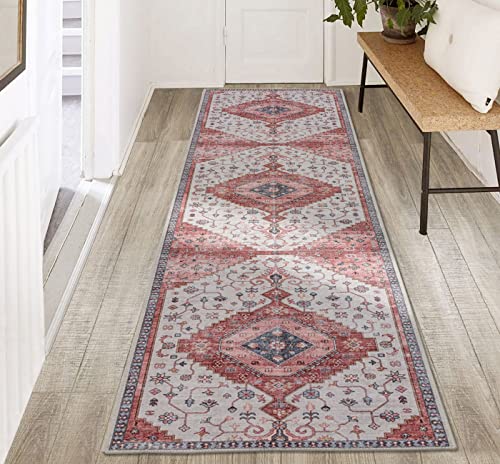 Taleta RINA Teppich Läufer, Vintage Küchenläufer, Teppich Faltbar,Waschbarer Orientteppich Kurzflor für Flur, Schlafzimmer, Kücher, Büro, Esszimmer, Rot 80x300cm Cover