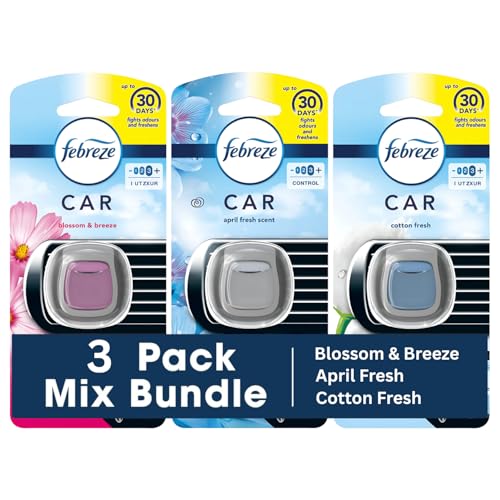 Febreze Car Vent Clip Air Freshener 3 Count | Blossom & Breeze Cotton Fresh & April Fresh | Up to 30 Days Fights Odours & Freshens