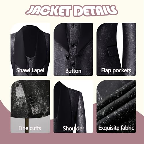 Suits for Men Slim Fit 5 Pieces Tuxedo Blazer Shawl Lapel Printed Vest Pants Shirt Bow Tie Prom Party Business4
