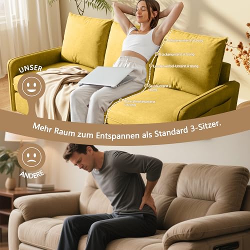 Meeyar 3 Sitzer Sofa, 221 cm Kleines Sofa mit Massivholzbeinen und Seitentaschen, Abnehmbare Bezüge, Kurzplüschstoff Sofa für Wohnzimmer, Schlafzimmer, Büro, Wohnung,Gelb