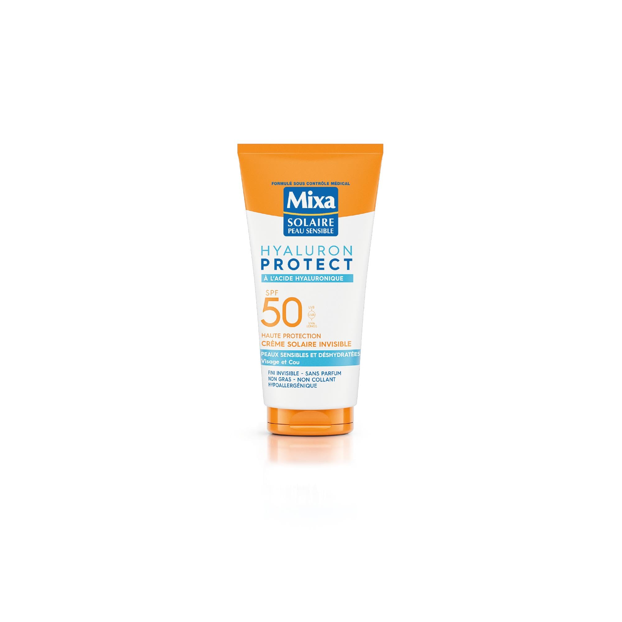 Mixa Solar für empfindliche Haut – unsichtbare Sonnencreme mit Hyaluronsäure – hoher Schutz SFP50 UVA, UVA lang, UVB – empfindliche und feuchtigkeitsarme Haut – Gesicht und Hals – hypoallergen – 50 ml