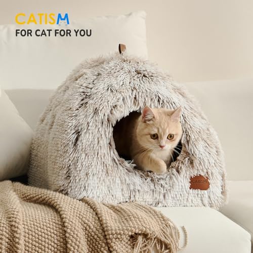 CATISM Katzenhöhle Katzenbett Katzenhaus Kuschelhöhle 45x45cm, 2 in 1 Faltbar Waschbar Bequemer Katzenschlafplatz für Katzen Kätzchen Welpen mit Abnehmbarem Katzenkopfkissen (Kaffee Braun)