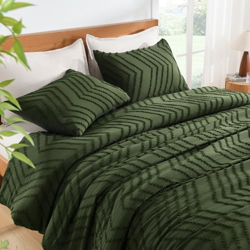 Image of Litanika Boho Queen Comforter Set, 3 Pcs Olive Green Lightweight Bedding