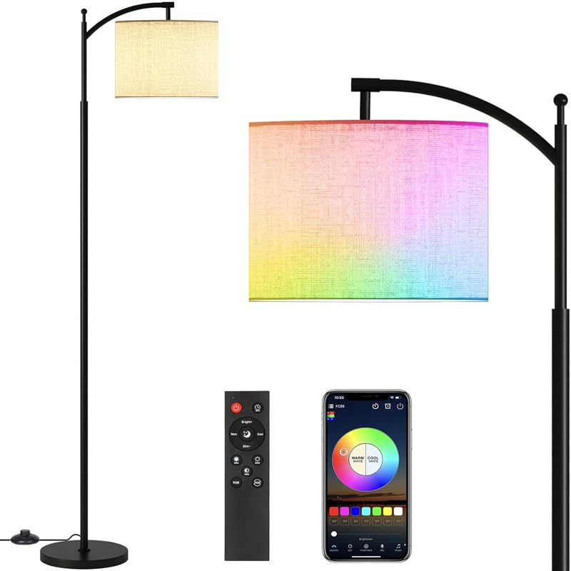 XISICIAO Arc Floor Lamps for Living Room Bedroom, 3 Color Temperature Modern Standing Lamps Tall Lamp with Remote Control, Stepless Dimmable Colors Temperature & Brightness (RGB Bulb)