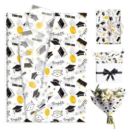 50 Sheets 2026 Graduation Tissue Paper Bulk 13.7 x 19.7 Inches Black Gold Graduate Cap Scroll Book Balloon Pattern Gift Wrapping Tissue Paper for 2026 Graduation Party Art Craft Gift Packaging