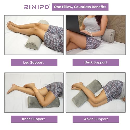 Image of Orthopaedic Leg Support Memory Foam Half Moon Bolster (Grey) - 2 Year Warranty Knee Pain Relief for Side Sleepers Back Alignment Roll for Sleeping & Office Sitting Washable Velvet Cover