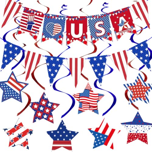Image of 4th of July Decorations for Independence Day with USA Banner, Red White and Blue Decorations with Pennant Banner Flags, Hanging Star for Patriotic Decoration