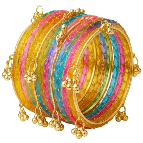 Image of JPS 16 Pcs Trendy Stylish Glass & Kashmiri Ghungroo Bangles Set for Women & Girls | Gold-Plated Traditional Festive Wedding Party Jewellery Chudi Set (12 Glass + 4 Metal)