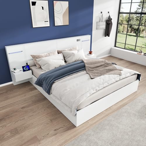 Zepneiy Lit 160 x 200 cm avec haut-parleur Bluetooth et USB, lit en bois 160 x 200 cm avec 2 tables de chevet et tête de lit, lit double avec design matelas...