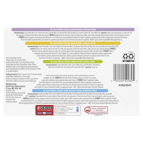 Image of Fancy Feast Purina Tender Ocean Whitefish,Turkey,Chicken and Salmon Feasts Wet Kitten Food Variety Pack - 3 oz. Boxes,(Pack of 48)