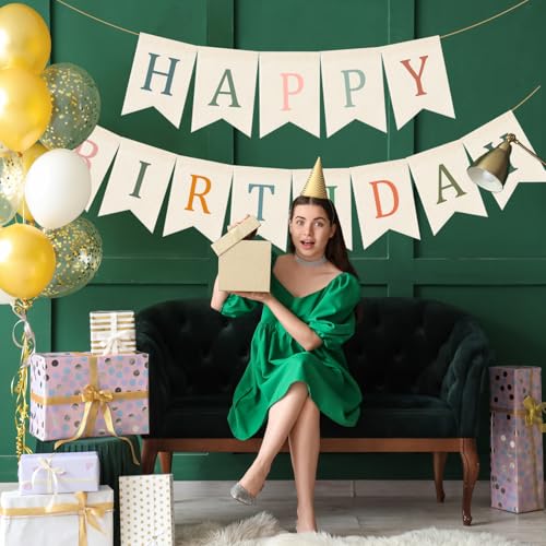 Image of Doumeny Happy Birthday Burlap Banner Boho Birthday Garland Bunting Sage Green Pink Bohemian Party Hanging Flag White Happy Birthday Party Bunting Garland for Women Men Birthday Photo Backdrop