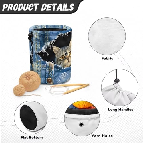 Image of Sellikakes Yarn Bag with Drawstring, Jeans Cats Knitting Crochet Yarn Storage Bags Organizer Crochet Accessories for Crocheting Project, Store Skein Ball,Short Knitting Needles