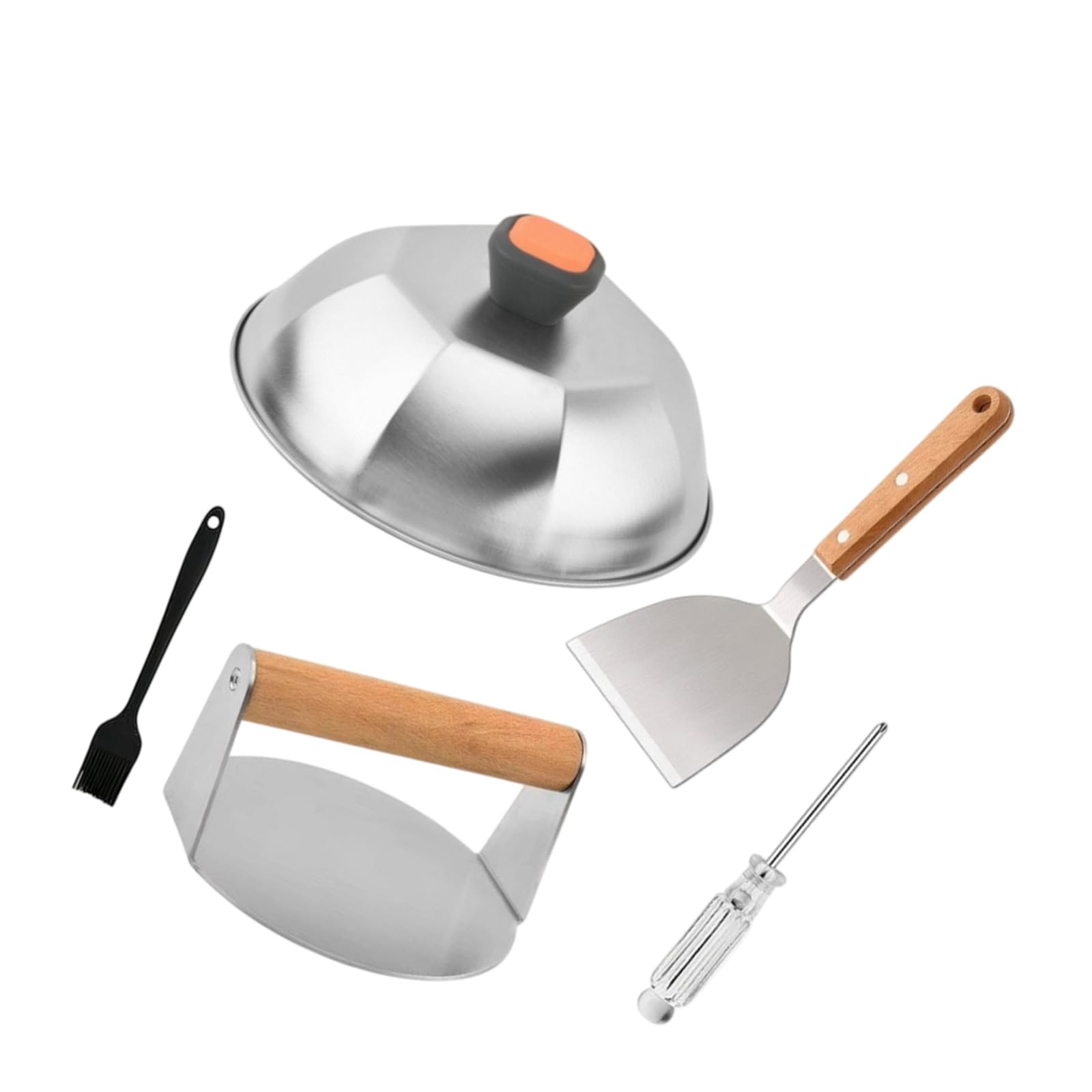 Set utensili per griglia e pressa per hamburger, set da cucina per barbecue da 5 in acciaio inossidabile con cupola per imbastitura, spatola e pennello Pressa per hamburger, strumento