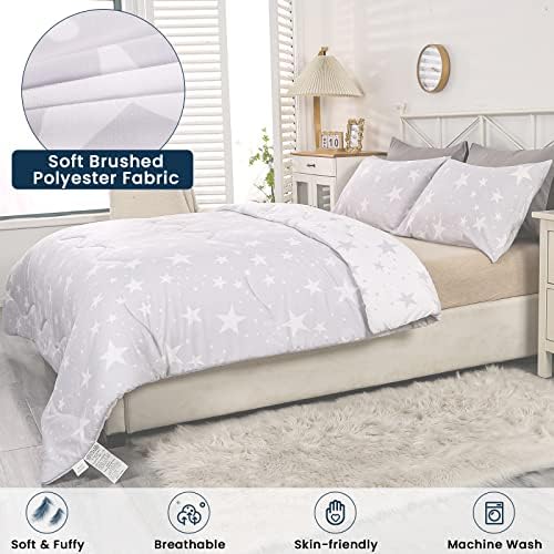 Qucover Star Comforter Double Bed, 3-Piece Reversible Grey & White Star Pattern Coverless Duvet Double, Super Soft Warm Winter Thick Comforter Set with 2 Pillowcase, 8 Tog, 79x79 in
