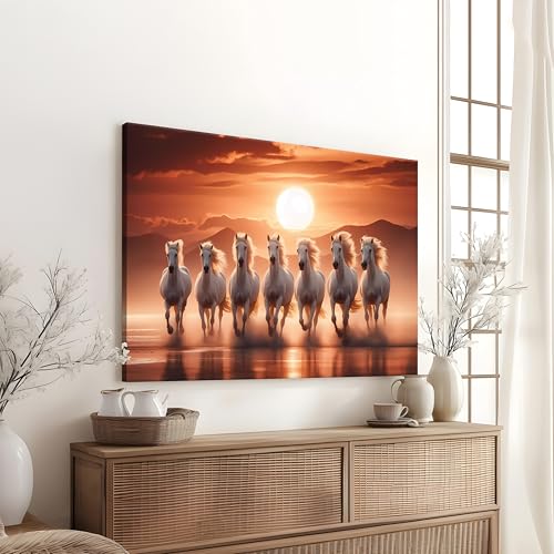 Image of PAINTINGMANTRA 7 White Running Horses Vastu Stretched Canvas Painting for Living Room, Seven Running Horses Canvas Wall Art Painting For Bed Room, Home & Office, 16x22 Inch