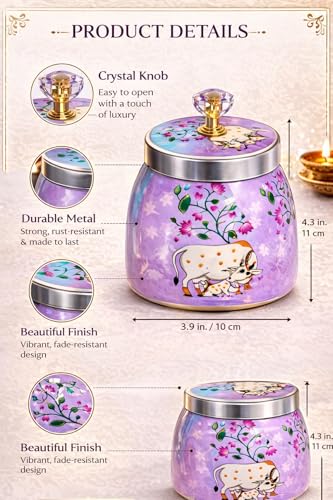 Image of Decorative Flower Printed Pichwai Jars | Metal Storage Jars with Lid | Traditional Indian Art Containers for Sweets, Spices, Pooja & Return Gifting