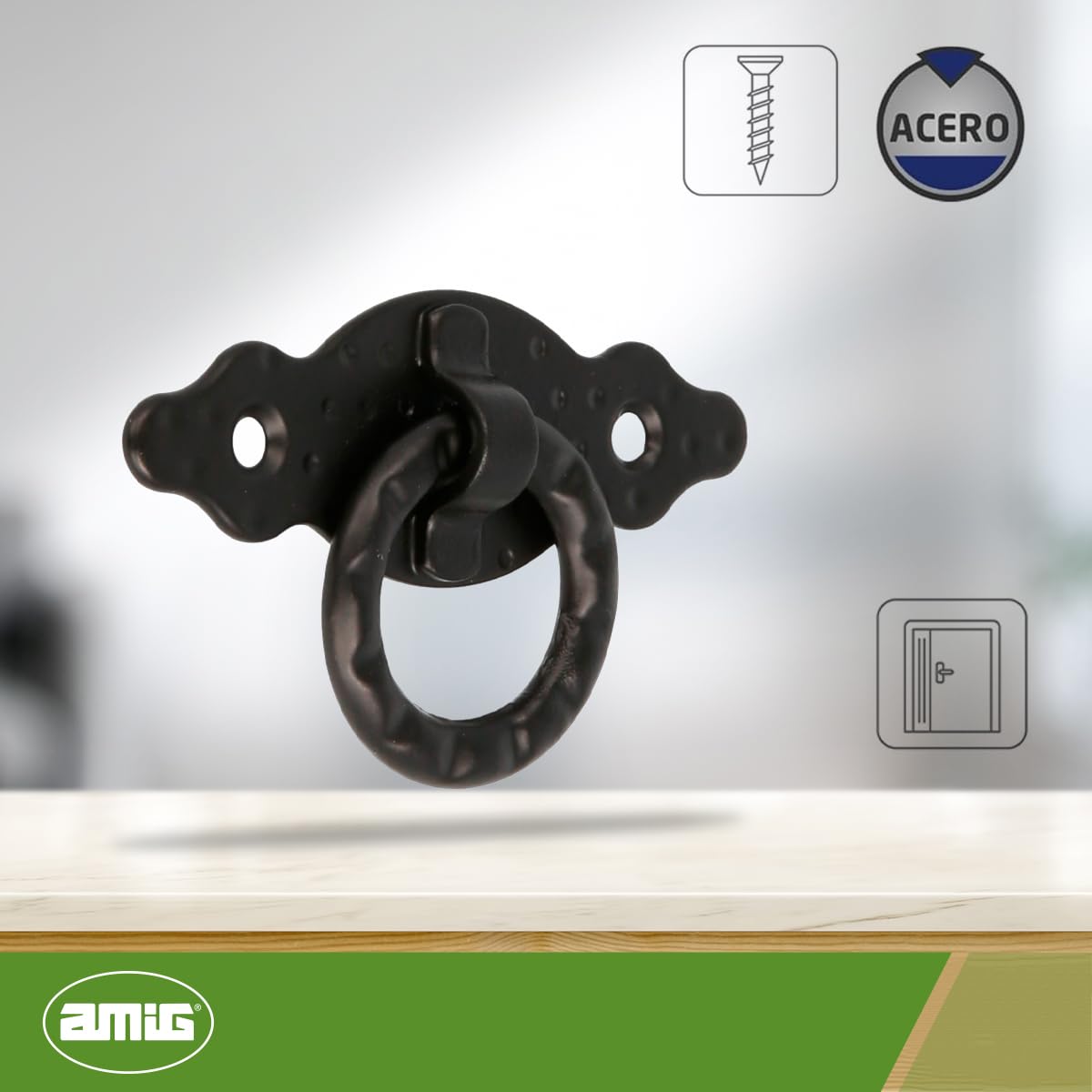 Amig - Maniglie Per Mobili Orizzontale - Modello 1000 - Acciaio - Ferramenta Rustica - 80x28x1,5 mm - Con Anello e Placca Puntinata - Finitura: Nera