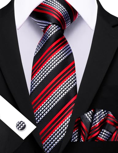 Image of Barry.Wang Designer Classic Ties for Men Set Formal Pocket Square Cufflink Check Plaid