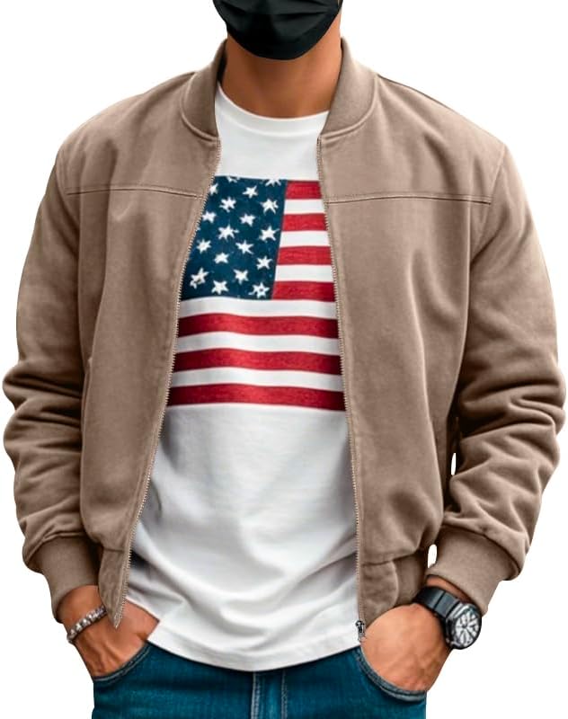 Men's Classic Bomber Jacket with US Flag T-Shirt Lightweight Cotton Blend Zip Up Casual Outerwear