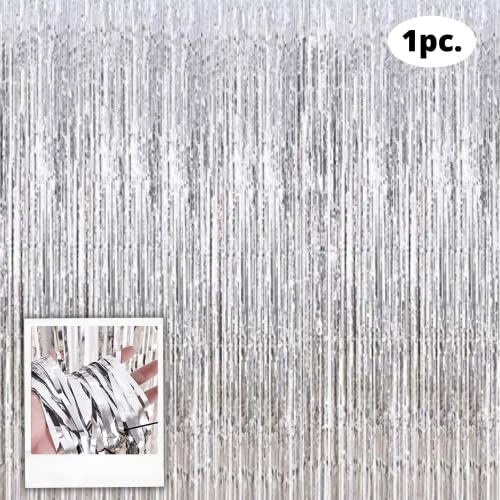 Image of 3 ft X 6 ft Metallic Silver Foil Curtain for Birthday Decorations /Anniversary (1 pc Silver Metallic Foil Fringe Curtain)