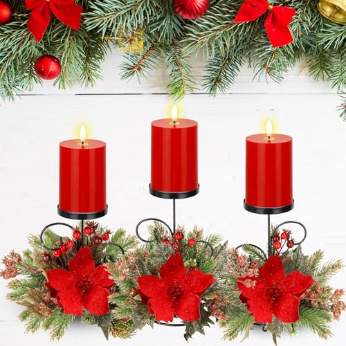 Yunlly Set of 3 Christmas Candle Holder Centerpiece with 3 Candle LED Battery Operated Poinsettia Artificial Xmas Table Decorations Base Candelabrum for Dining Room Mantle Kitchen Indoor Home
