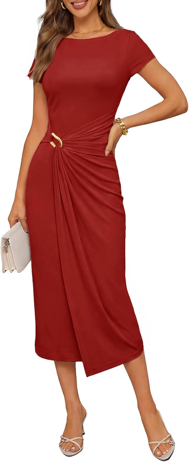 MEROKEETY Women's 2026 Cocktail Party Midi Dresses Summer Spring Boat Neck Ruched Cap Sleeve Wedding Guest Bodycon Long Dress