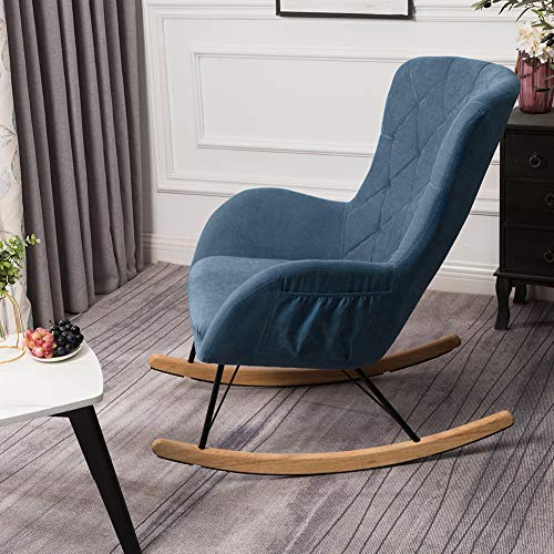 INMOZATA Relax Rocking Chair Comfortable Linen Fabric Rocker Relaxing Chair Traditional Arm Rest Lounge Chair with Fabric Cushion (Blue) - Image 10