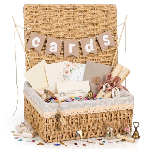Gerrii Wedding Party Decoration 12 x 9.4 x 5.3 in Large Wicker Storage Basket with Lid Wedding Card Box and Card Banner Set Money Envelope Box Gift for Baby Shower Favor Supplies(Khaki)