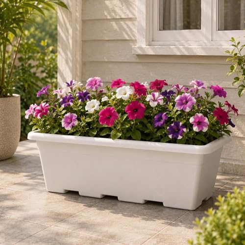 Image of Go Hooked Jupiter Window Planter Pot Pack of 12 | 24 Inch White Plastic Rectangular Plant Pot for Indoor Outdoor Gardening Balcony Terrace Decor | Large Decorative Flower Container L61 x W27 x H22 Cm