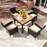 Tangkula 5 Pieces Patio Dining Table Set for 4, Rattan Conversation Set with Umbrella Hole, Seat Cushions & Acacia Wood Tabletop, Outdoor Dining Table with 4 Chairs for Backyard, Poolside & Deck - Image 4