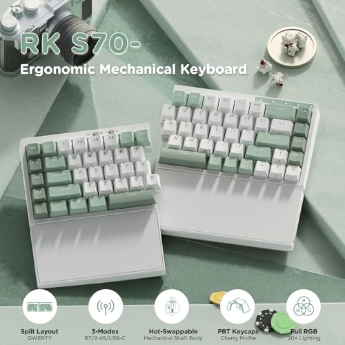 Image of RK ROYAL KLUDGE S70 Ergonomic Split Keyboard, Linear Switch White | Wireless RGB Mechanical Keyboard with Bluetooth /2.4G /USB, 75% Hot Swappable Gaming Keyboards w /Fixed Wrist Rest, PBT Keycaps