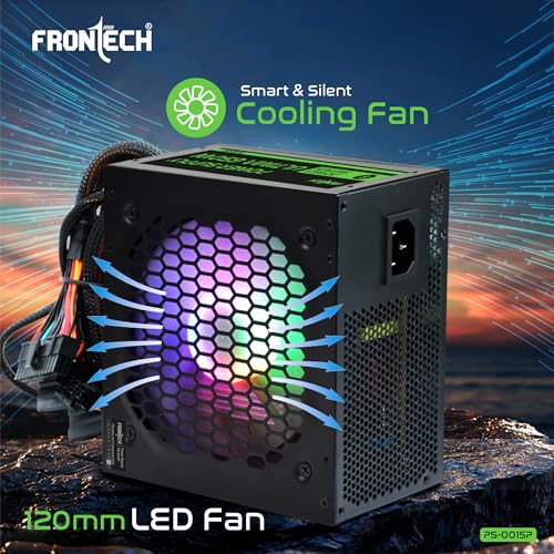 Image of Frontech Ultima 650W Power Supply with 120mm RGB Fan, ATX 12V, DC-DC PFC, 4 SATA, 2 Molex, PCI-E (6+2), Sleeved Cables, OCP /OVP /SCP Protections & 3-Year Warranty (PS-0015P)
